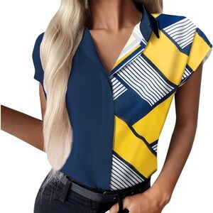 M ChicMe Women Printed Lapel Button Down Shirt Short Sleeve Summer